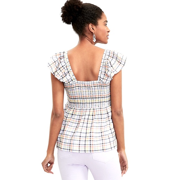 LOFT Plaid Stretchy Smocked Bodice Peplum Shell Fluttery Sleeves Sz XS - Picture 2 of 6